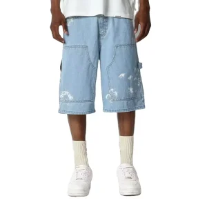 Custom Men’s Non Stretch Denim Paint Print Denim Carpenter Shorts Double Knee Fashion Casual High Waist Bermuda Shorts Trend