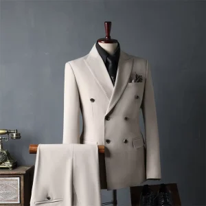 Custom Men’s Oatmeal Polyester Suit Set Business Formal Blazer Trousers For Wedding Prom Office Uniform Bulk Order