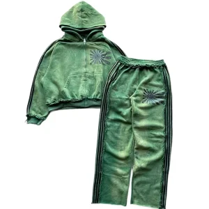Custom Men’s Oversized Acid Washed Hoodie Set Vintage Sun Fade Distressed Streetwear Cotton Pants Print Pattern Autumn Season