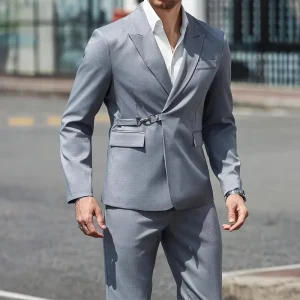 Custom Men’s Personalized Buckle Design Suit Jacket Slim Fit Solid Color Drape Two-Piece Men’s Suit Set