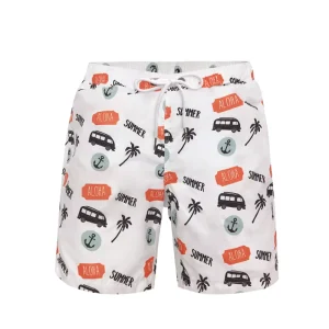 Custom Men’s Polyester Beach Shorts with Surfing Board Print Waterproof Swimwear Swimsuit Featuring Back Pocket and Swim Trunks