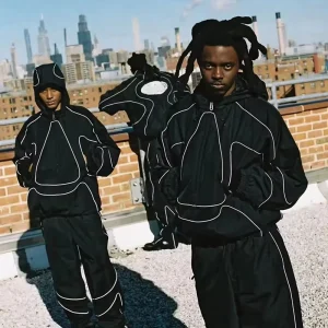 Custom Men’s Reflective Stripe Nylon Tracksuit Set Black Loose Casual Baggy Running Zipper Jacket and Trousers Sets for Men
