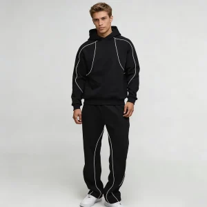 Custom Men’s Regular Fit Hooded Tracksuit with Piping 360g Thick Stretch Cotton Hoodie and Sweatpants Set