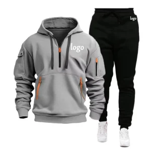 Custom Men’s Retro Casual Outerwear Solid Pattern Work Sweatshirt with Quarter Zip Multi-Pocket Hoodie Jacket