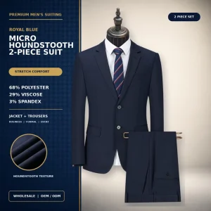 Custom Men’s Royal Blue Houndstooth Stretch Suit 2 Piece Tailored Fit Business Wedding Blazer Trousers OEM ODM