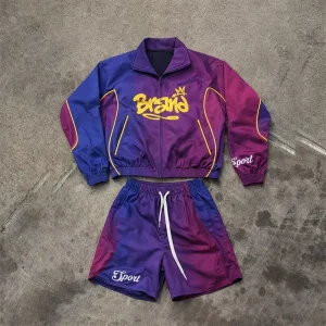 Custom Men’s Shorts Set Zip up Reflective Windbreaker Jacket Set Embroidery Logo Nylon Waterproof Gradient Stripe Tracksuit