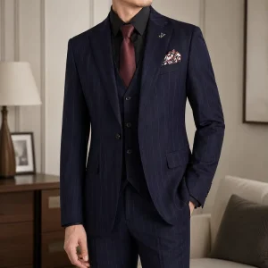 Custom Men’s Slim Fit Single Button Striped Italian Style V-neck Blazer Viscose Polyester Breathable Anti-Wrinkle Business Suit
