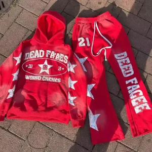 Custom Men’s Sportswear Set Hoodie Bell Bottom Pants Zipper Two Piece Chenille Sun Fading Pickling Tracksuits