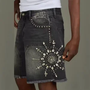 Custom Men’s Street Denim Shorts Vintage Zipper 100% Cotton Light Blue Denim Raw Edge Hem Crystal embellished Denim Shorts
