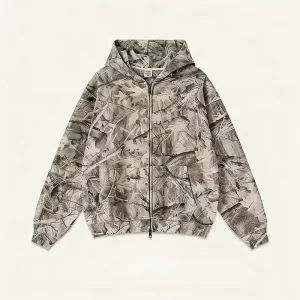 Custom Men’s Street Style Camouflage Zip Up Hoodie Cotton Polyester Fleece Blend American Loose Fit Sportswear