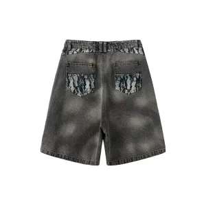 Custom Men’s Streetwear Loose Denim Shorts Pants Vintage Acid Wash Design Crystal Breathable Summer