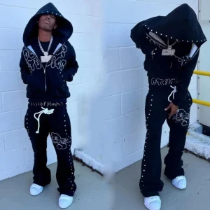 Custom Men’s Streetwear Screen Print Zip Up Hoodies and Sweatpants Set Vintage Rhinestone Tracksuits