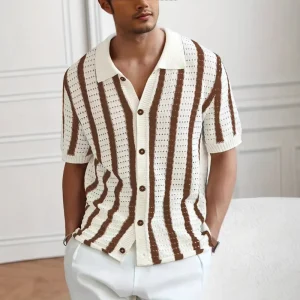 Custom Men’s Striped Knit Shirt Breathable Openwork Short Sleeve Polo Cardigan Vintage Casual Knitwear Knitted Top