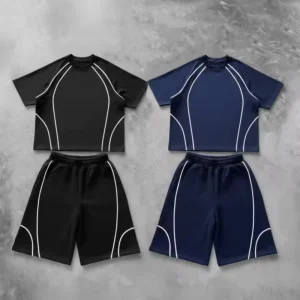 Custom Men’s Summer Trendy 100% Cotton Breathable Short Sleeve Reflective Stripe Tracksuit Boxy Printed T shirt Shorts Set