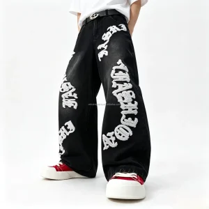 Custom Men’s Summer Unwashed Untreated Raw Navy Denim Pants Trendy Baggy Raw Jeans