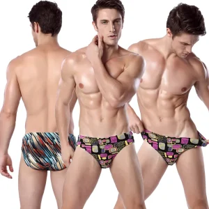 Custom Mens Swimwear Briefs Quick Dry Chlorine Resistant Adjustable Waist Striped and Square Pattern Swim Trunks