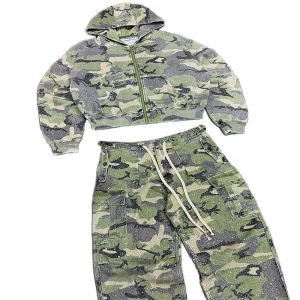 Custom Men’s Tracksuit Set Baggy Full Zip Hooded Jacket Streetwear Jungle Camo Print Multi-pocket Cargo Pants 100% Cotton