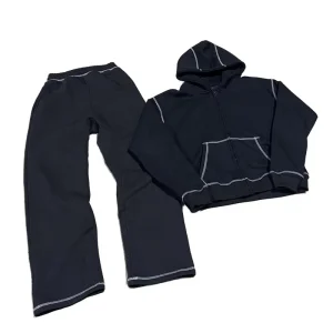 Custom Men’s Tracksuit Set Baggy Zip up Plain Black Tracksuit 100% Cotton Contrast Stitching on Kangaroo Pocket Tracksuit