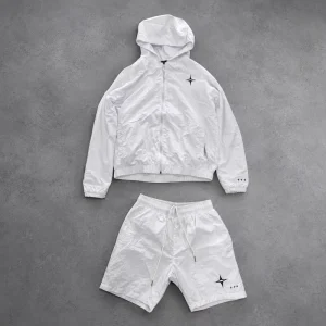 Custom Men’s Tracksuit Set White Nylon Zip Jacket Drawstring Shorts Star Print Sportswear Garment Factory