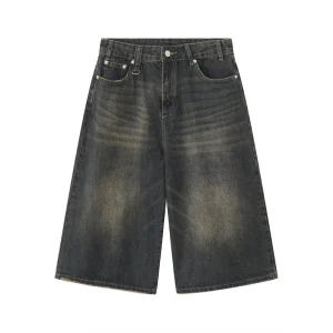 Custom Men’s Vintage Acid Washed Jean Shorts Loose Fit Baggy Jeans Jorts Mid Waist Streetwear Casual Style Zipper for Summer