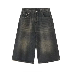 Custom Men’s Vintage Acid Washed Jean Shorts Loose Fit Baggy Jeans Jorts Mid Waist Streetwear Casual Style Zipper for Summer
