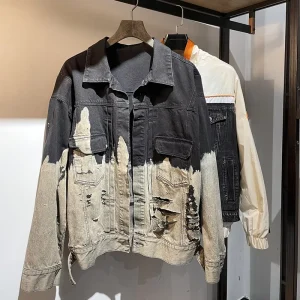 Custom Men’s Vintage Streetwear Denim Jacket Polyester Cotton Blend Acid Wash Dip Dye Loose Fit Button Pockets Rips OEM ODM