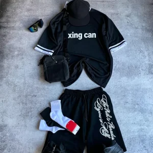Custom Men’s Vintage Streetwear Line Stitching Short Sleeve T Shirt + Shorts Set Customizable with Print Embroidery Designs