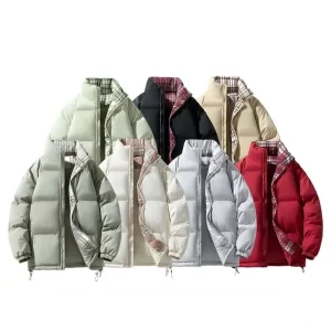 Custom Men’s Waterproof Puffer Jacket with Cozy Stylish Scottish Tartan Lining Stand Collar Loose Fit Plus Size Bulk Order