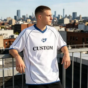 Custom Men’s White Soccer Jersey with Blue Trim V Neck Short Sleeve Breathable Sportswear T shirt with Silk Screen Printing