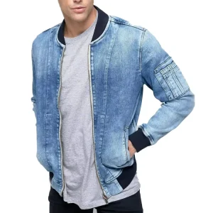 Custom Men’s Winter Denim Bomber Jacket with Zipper Closure Washed Finish Windproof Eco-Friendly Casual Coat