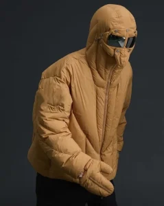 Custom Men’s Winter Multi Structure Avant Garde Long Zipper Hooded Eco Friendly Waterproof Down Jacket with Mask and Goggles