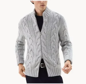 Custom Men’s Wool Cable Knitted Double Zipper Casual Cardigan Breathable Heavyweight Warm Knitwear Clothing for Winter