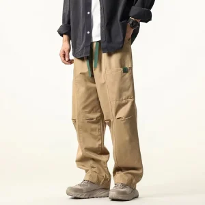 Custom Midweight Casual Six Pocket Cargo Pants Men Electric Overalls Pleated Loose Fit Garment Dyed Elastic Waist Closure