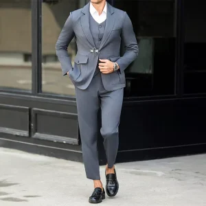 Custom Navy Blue Men’s 3-Piece Metal Decorative Buttons Slim Fit Jacket Blazer Suit Prom Casual Suits for Men
