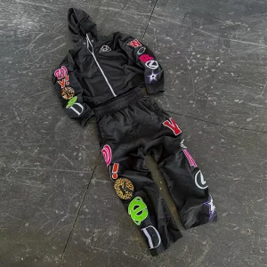 Custom Nylon Zip Sweatsuit Lightweight Applique Embroidery Letter Logo Black Polyester Streetwear Sweatsuit for Men