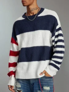 Custom OEM Men’s Asymmetrical Striped Sweater Brushed Texture Knitted Pullover Mismatched Sleeve Color Block Knitwear