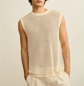 Custom OEM Men’s Mesh Knit Vest Cream Open Weave Sleeveless Knitted Top Ivory Eyelet Knitwear for Men Summer Tank Top