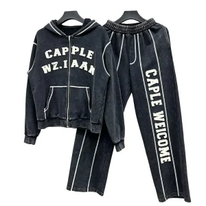 Custom OEM ODM Men’s Winter Tracksuits Distressed Zipper Up Cotton Acid Wash Men’s Sweatshirt Set Tracksuit for Men