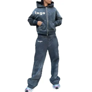 Custom OEM ODM Men’s Winter Tracksuits Rhinestone Acid Wash Heavyweight Men’s Sweatshirt Set Tracksuit for Men
