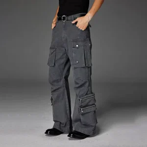 Custom OEM ODM Streetwear Hip Hop Denim Pants Mid Waist Relaxed Fit Washed Effect 100% Cotton Men’s Cargo Jeans