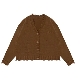 Custom OEM ODM logo Cotton Long Sleeved Single Button V neck Distressed Knitwear Custom Cardigan Sweater for Men