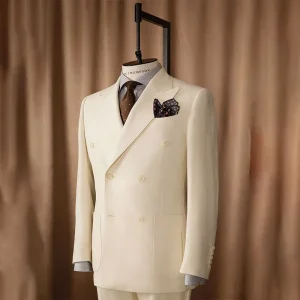 Custom Off White Men’s Polyester Blazer Tailored Fit Elegant Pocket Square Accent Smooth Fabric for Outdoor Wedding