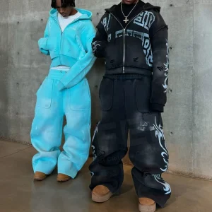Custom Oversized Baggy Sweatshirt and Pants Set Men Two Piece Hoodie Set Sun Faded 100% Cotton French Terry Sweatsuit