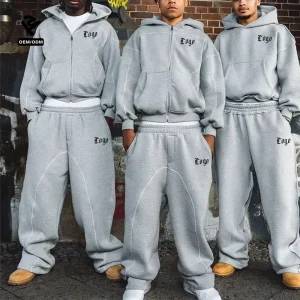Custom Oversized Casual Tracksuit Manufacturer Zipper Plain Hoodie Drawstring Joggers Loose Heavyweight Streetwear Tracksuit