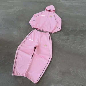 Custom Pink Waterproof Stripe Tracksuit Men’s Windbreaker Jacket and Sweatpants Set Zip up Unisex Tracksuit