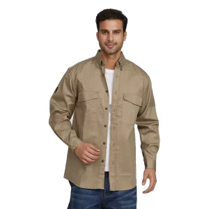 Custom Plain Men’s Work Shirts Long Sleeve 100% Cotton Fire Resistant Welding Workwear Shirts Button up Khaki