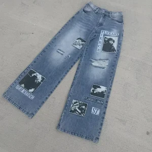 Custom Portrait Patch Applique Distressed Destroyed Stone Wash Vintage Ripped Denim Pants Men’s Baggy Jeans Screen Print