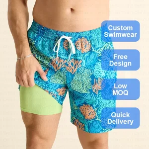 Custom Print Men’s High Waist Casual Swim Shorts 2 in 1 Board Shorts Swimwear Quick Dry Seamless Anti-Bacterial
