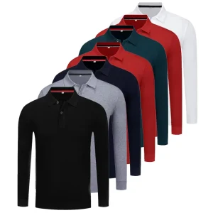 Custom Printed Logo Men’s Long Sleeve Polo Shirts Knitted Work Uniform Cotton Golf Polo T Shirt with Embroidered Logo