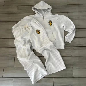 Custom Printed Winter Tracksuit Side Stripes 100% Cotton Men’s Flared Sweatpants and Hoodie Joggers Set